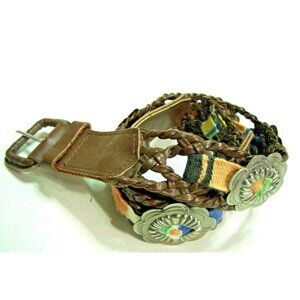 Braided Floral Concho Nylon Stripe Ribbon Belt Dark Deep Brown Leather Size 26